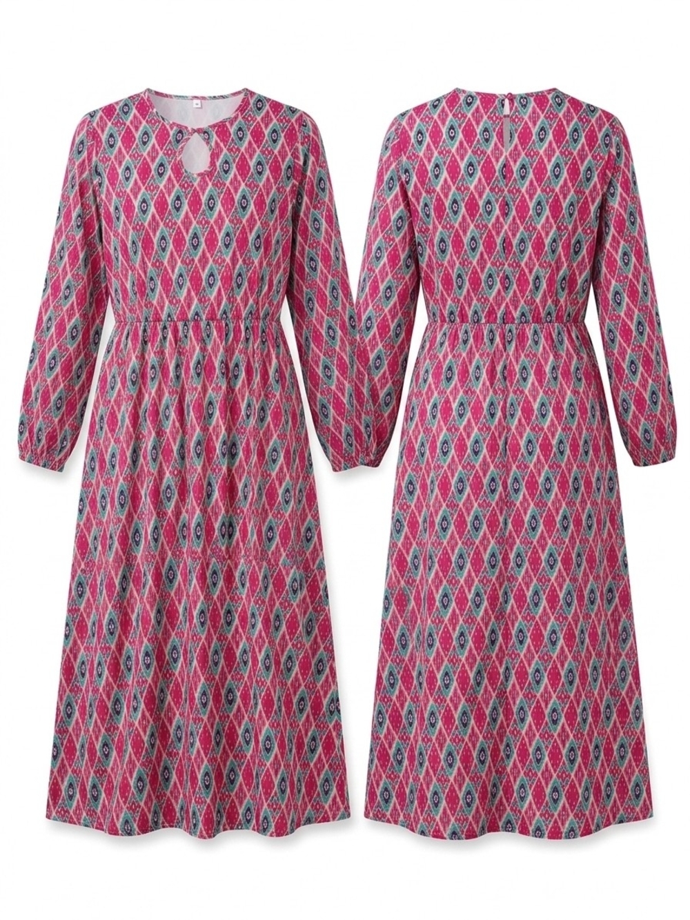 Women's Pink Geometric Long Sleeve Midi Dress with Keyhole
